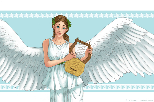 Charming Nike playing her lyre by Deviantartist Peezhoun on Commission.